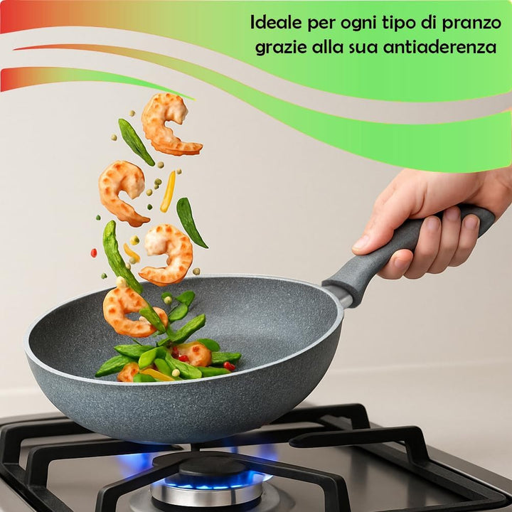 BAKAJI Set Pfanne 32 cm und Grillpfanne 24 x 24 cm, Antihaftbeschichtung in Steinoptik, PFOA-frei, w