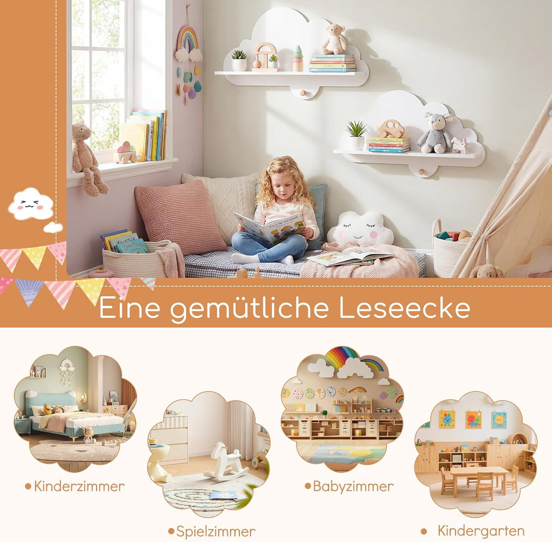 COSTWAY 2er Set Wandregal Kinder, Schweberegal im Wolkenform aus Massivholz, wandmontiertes Kinderre