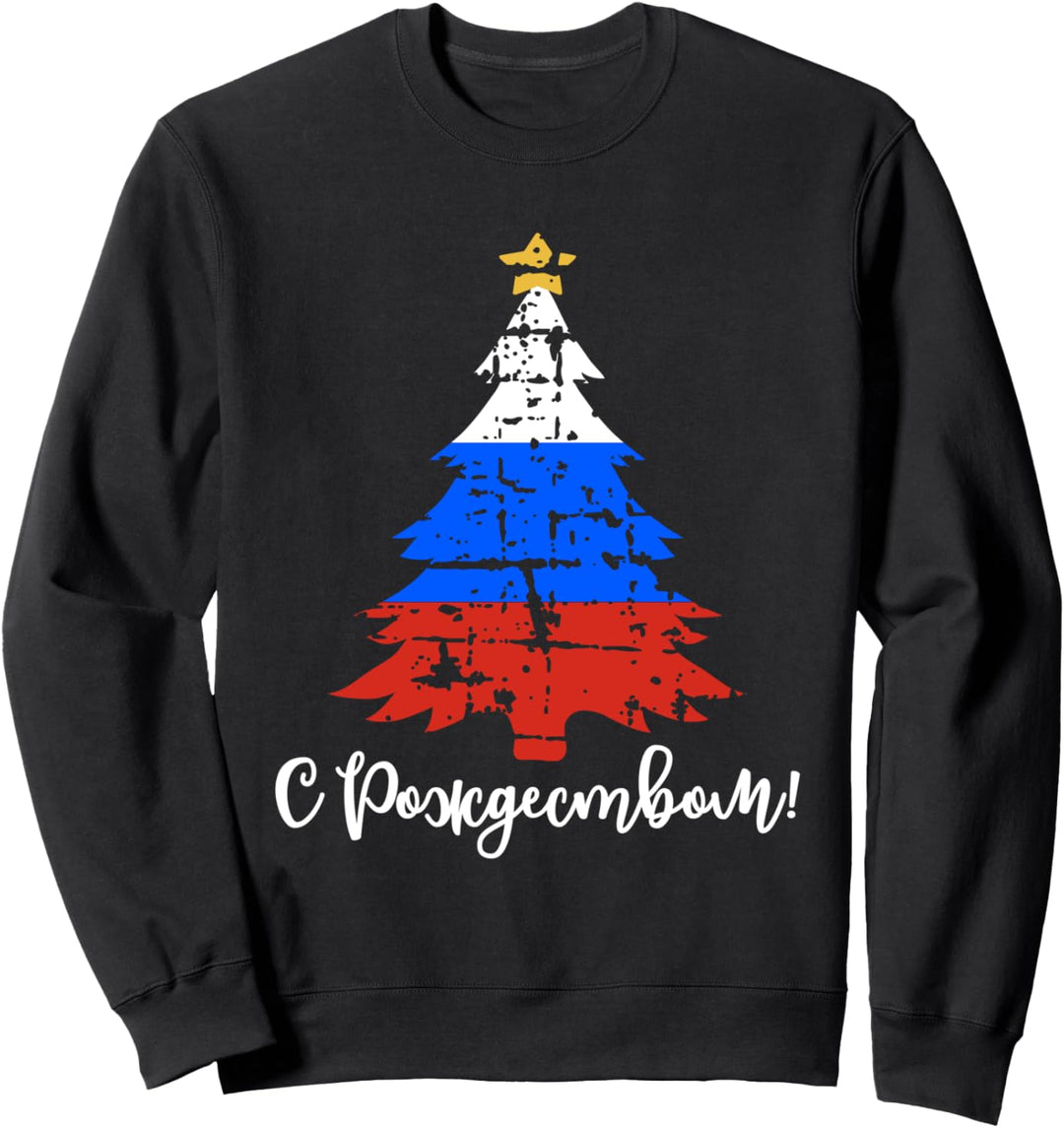 Russland Flagge Frohe Weihnachten Kyrillisch Weihnachtsbaum Sweatshirt