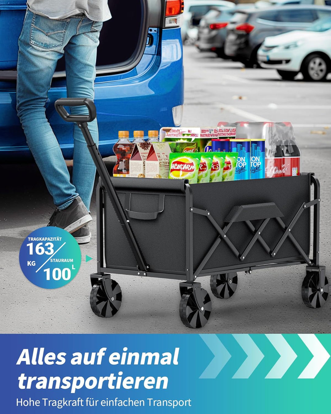 Klein Kitsure Bollerwagen Faltbar – 100L Handwagen mit Hartplastikrädern, Belastbar bis 360 LBS, Tra