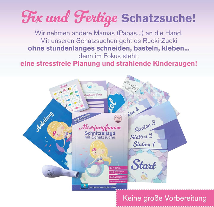 Schnitzeljagd Schatzsuche Meerjungfrau, 5-7 Jahre – Komplettes Set mit Einladungskarten digitaler Me