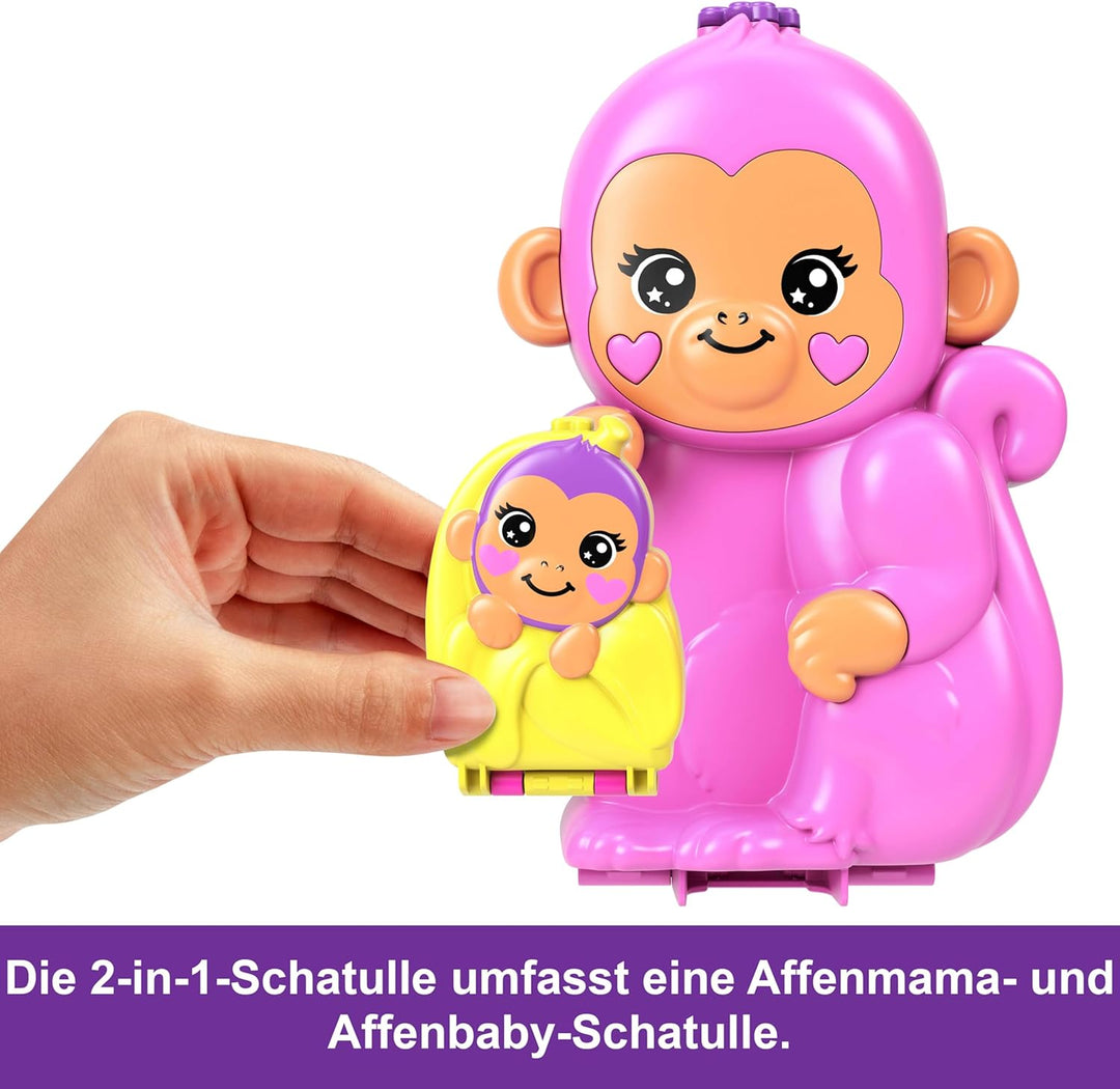 Polly Pocket Puppen & Spielset mit Tieren und 13 Accessoires, 2-in-1 Affenmama und Baby, tragbare Ta