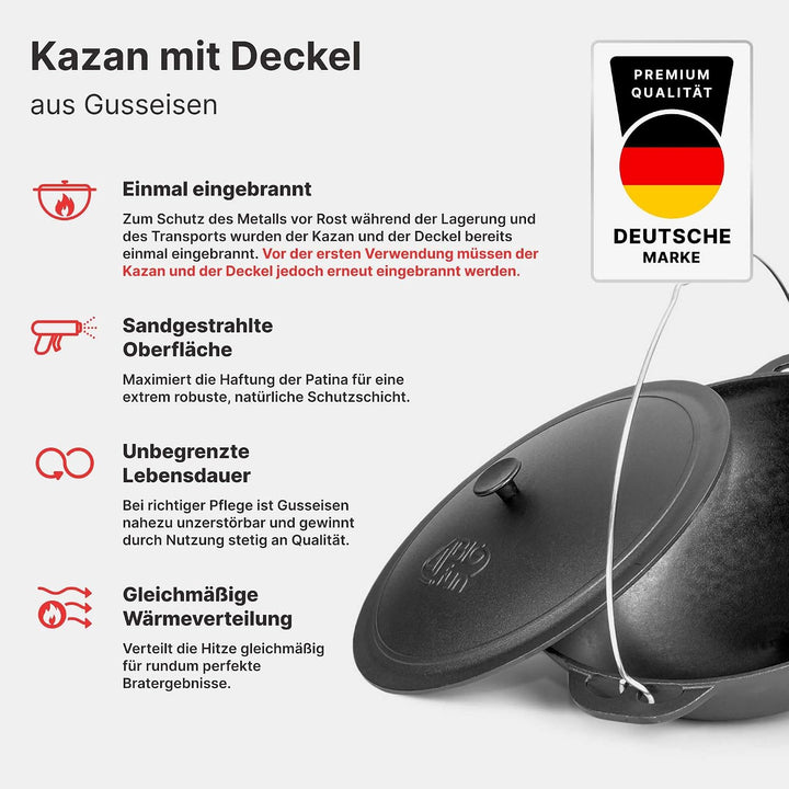 4BIG.fun Schwenktopf Kazan 15 L Camping Gusseisen mit Bügel und Deckel + Schaumkelle Bräter Tatarski