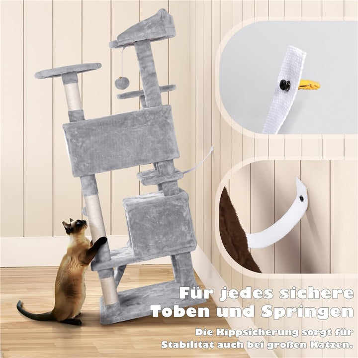 Yaheetech 139 cm Kratzbaum gross Stabiler Katzenbaum mit 2 Höhlen hellgrau Hellgrau 49 x 49 x 139 cm