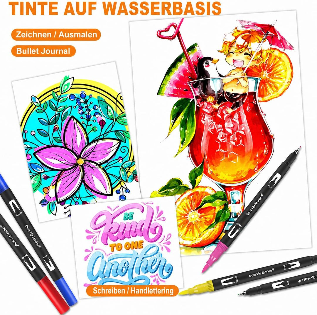 Lyuvie Filzstifte Set, 60 Farben Pinselstifte Aquarell Brush Pen Set für Kinder, 2 mm und 0,4 mm Pin