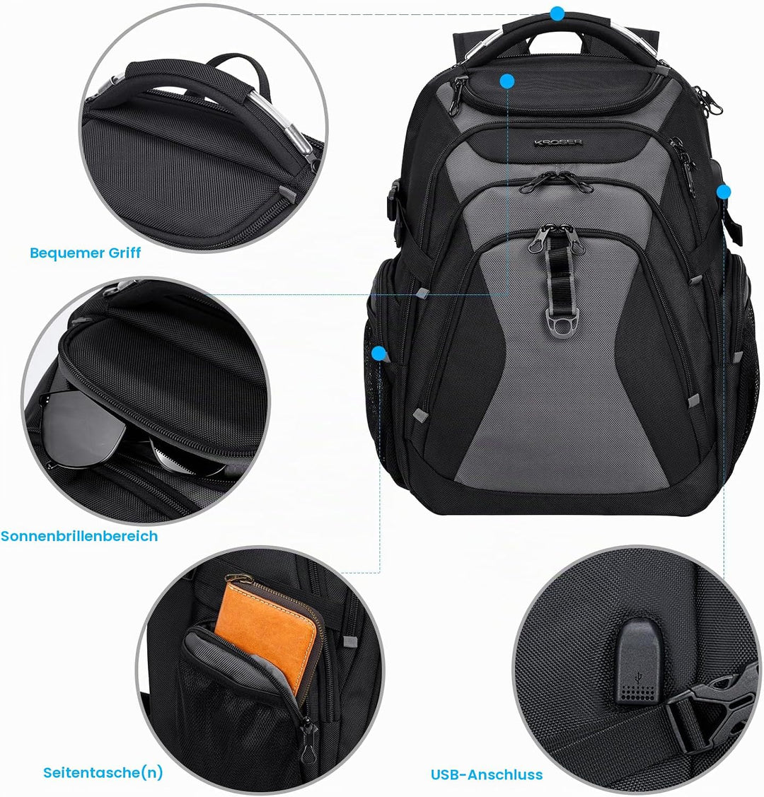 KROSER Laptop Rucksack Herren 18.4 Zoll Reise XXL BusinessRucksack Schwerlast Wasserdicht mit Hartge