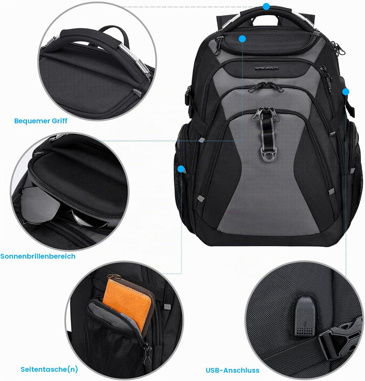 KROSER Laptop Rucksack Herren 18.4 Zoll Reise XXL BusinessRucksack Schwerlast Wasserdicht mit Hartge