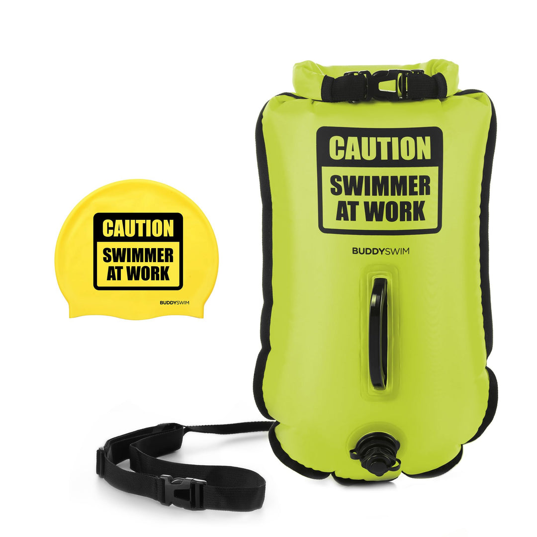Set Freiwasser Schwimmboje 20 Liter und Badekappe. Sicherheitsschwimmboje für das Schwimmen im offen