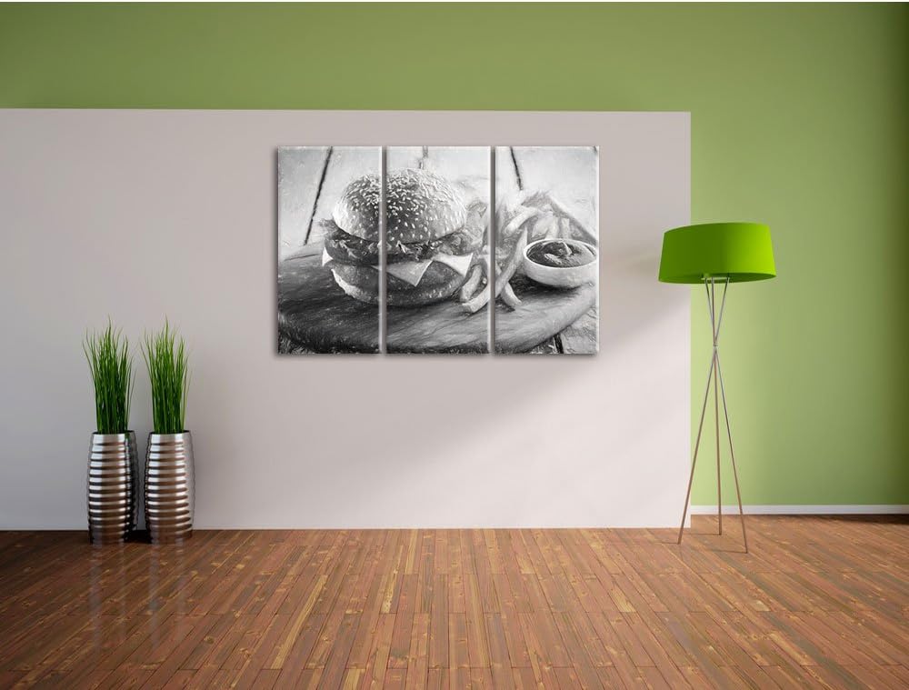 Pixxprint Chickenburger Pommes als Leinwandbild/Grösse: 3 Teilig (120x80 cm) cm/Wandbild/Kunstdruck/