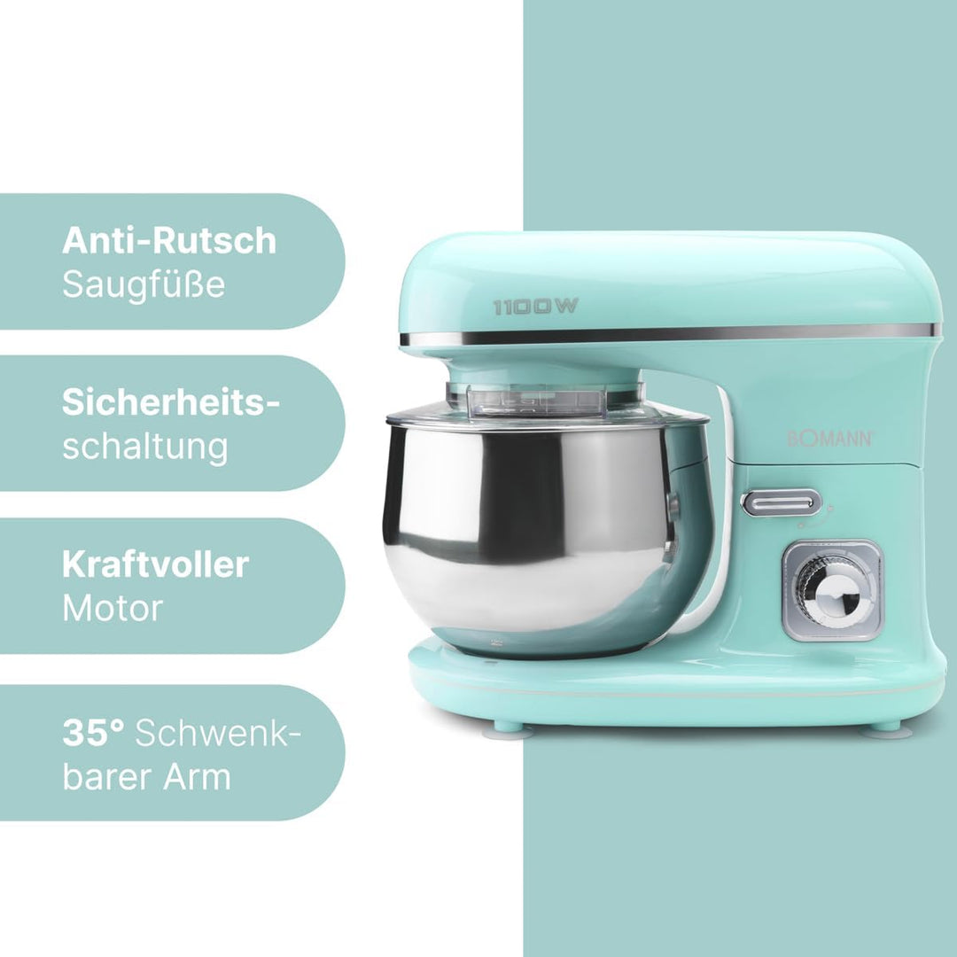 Bomann® Retro Küchenmaschine zum backen | Knetmaschine 5L |starker 1100W Motor | Teigmaschine inkl.