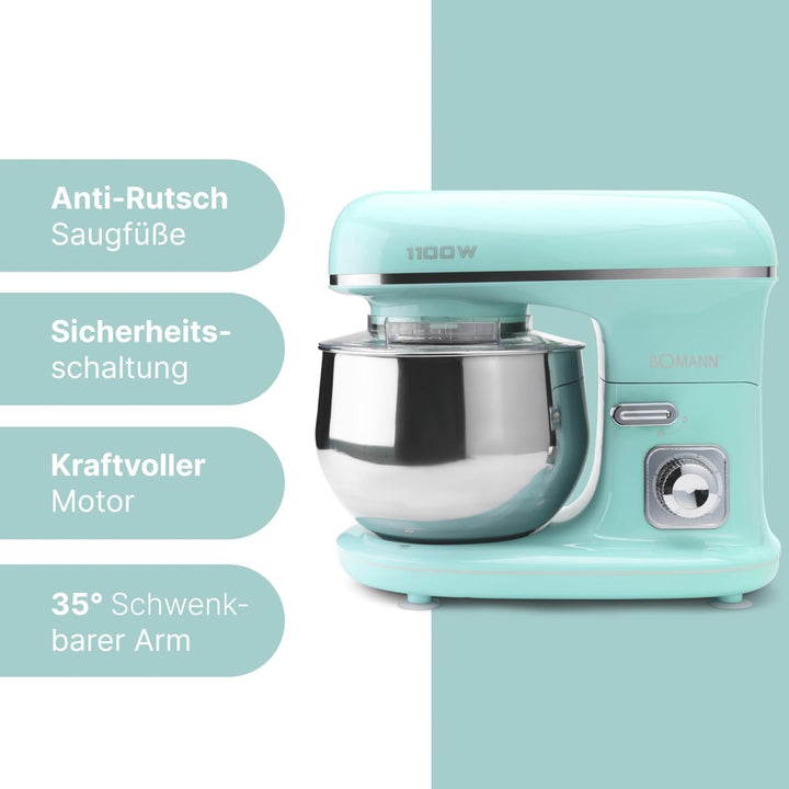Bomann® Retro Küchenmaschine zum backen | Knetmaschine 5L |starker 1100W Motor | Teigmaschine inkl.