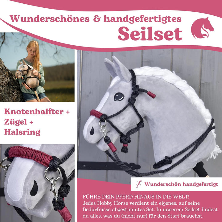 LarDen Hobby Horse Zubehör SeilSet - Halfter mit Zügel & Halsring für Grösse M Steckenpferd - Maroon