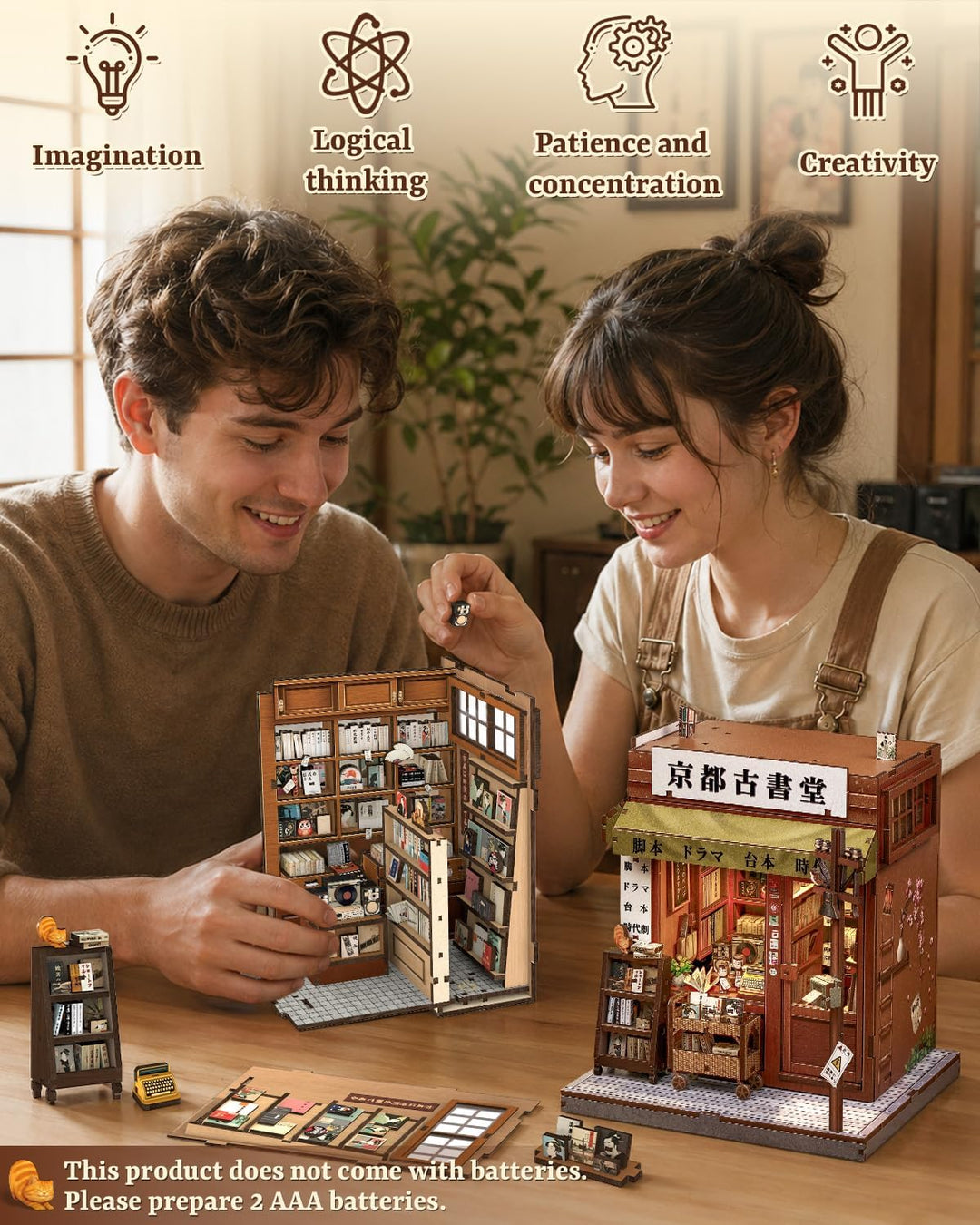 3D-Holz-Miniaturhaus mit LED – dekoratives Bücherregal-Deko, Selbstbau-Puzzle für Erwachsene, kreati