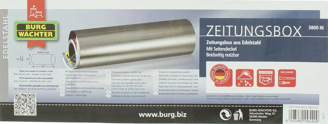 Burg-Wächter Zeitungsrolle, Edelstahl, rund, 3800 NI, Bx∅ 400x120 mm Zeitungsbox, Zeitungsbox