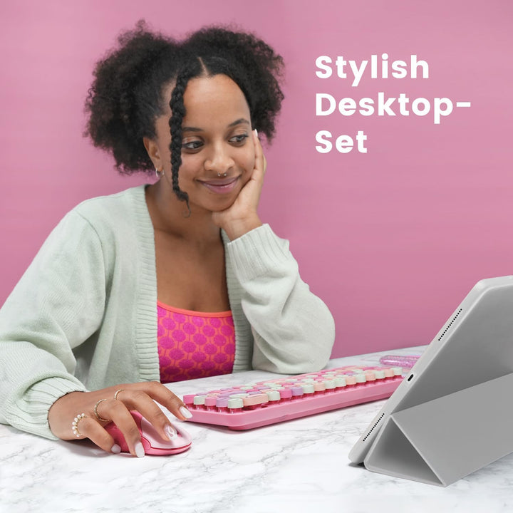 Perixx PERIDUO-802PK Bluetooth Mini Keyboard and Mouse Combo - Retro Round Key Caps - Pastel Pink -