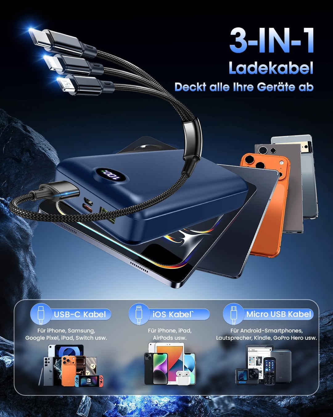 PowerBank 50000mAh Grosse Kapazität, 3 in 1 Ladekabel 22,5W Externer Akku Schnelles Aufladen USB-C 3