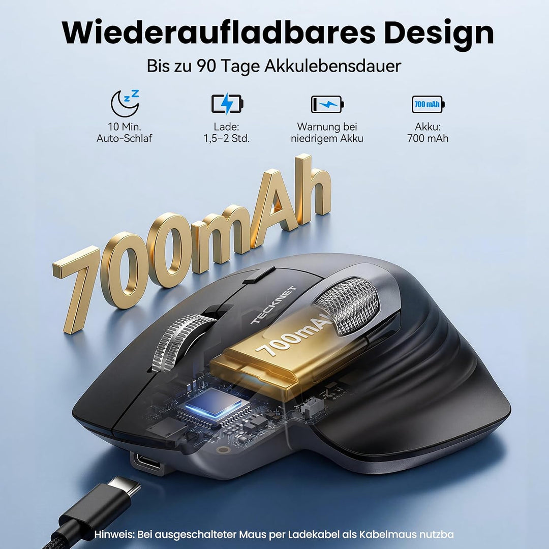 TECKNET Bluetooth Kabellose Maus, Turbo Scrollrad und Seitliches Mausrad Schwarz Mittel bis gross, S