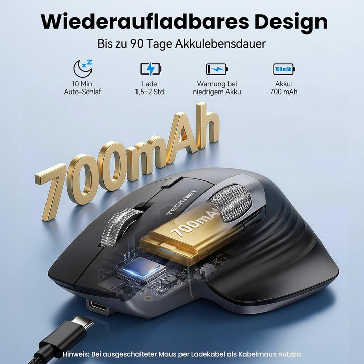 TECKNET Bluetooth Kabellose Maus, Turbo Scrollrad und Seitliches Mausrad Schwarz Mittel bis gross, S