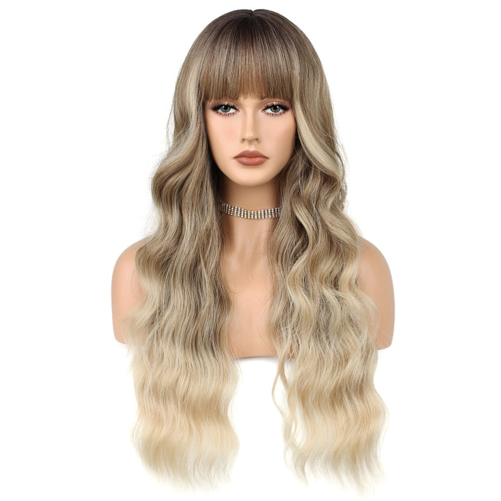 FAELBATY Perücke mit langen Locken blonde Perücke mit Pony Ombre dunkelbraun bis blonde Perücke für