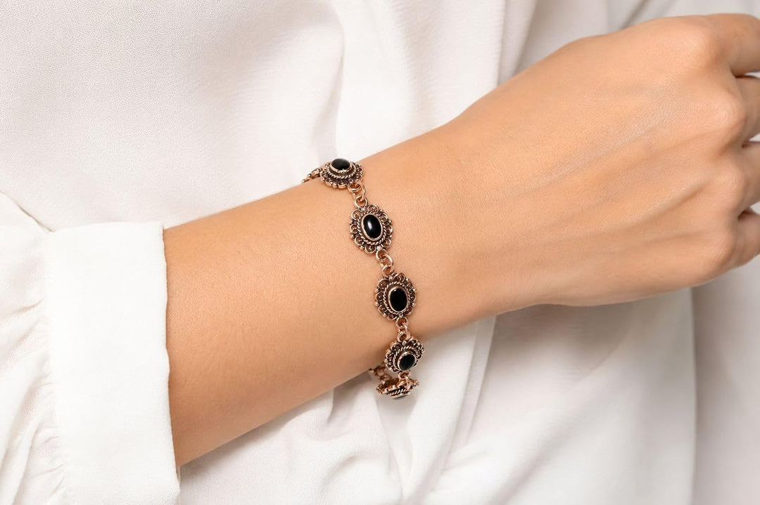 Windalf Mittelalter-Armkette MÉDIÉVALE 19 cm Schwarzer Onyx Armband Edle Bronze