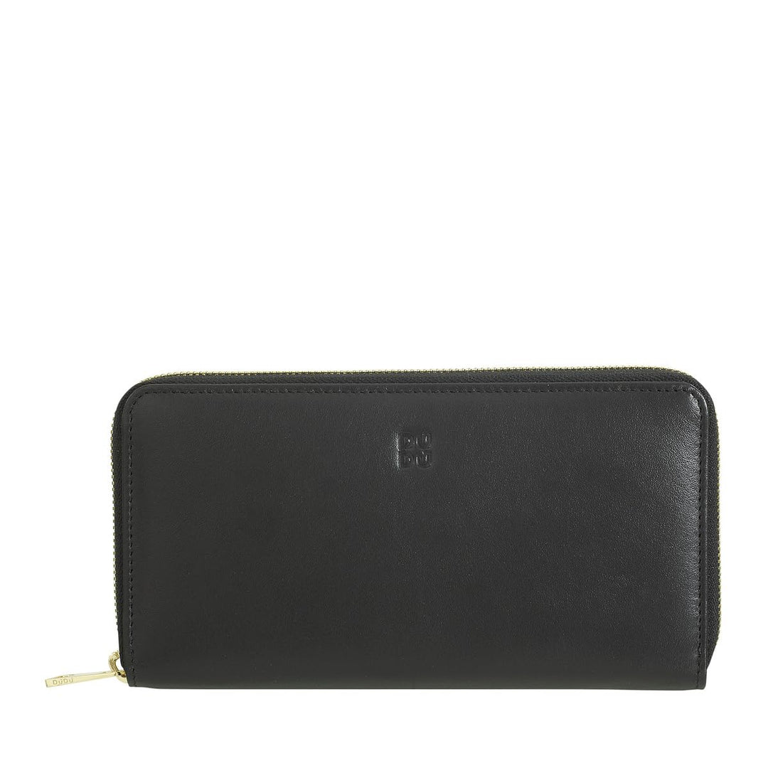 DUDU Grosse Bunte Damenbrieftasche RFID in echtem Leder mit Rundum - Reissverschluss Black pop, Blac