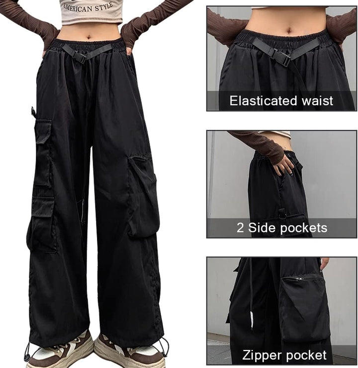 Hewlshawn Damen Cargohose Baggy High Waist Gotisch Y2k Straight Streetwear Elastische Taille mit Kor
