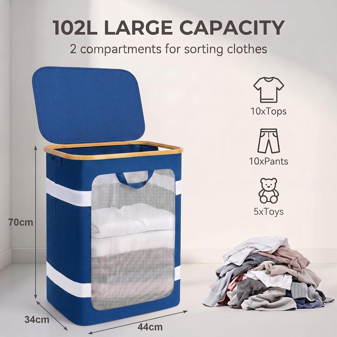 Soontrans Faltbarer Wäschekorb 102L mit Deckel &amp; Wäschesack (Blau) Blau KEINE Fächer, Blau KEINE Fäc