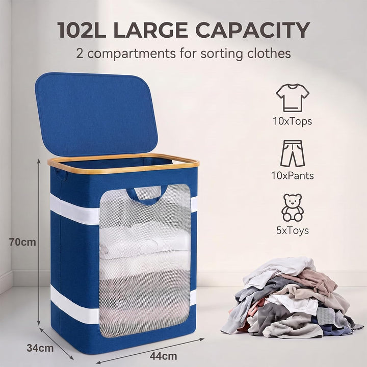 Soontrans Faltbarer Wäschekorb 102L mit Deckel &amp; Wäschesack (Blau) Blau KEINE Fächer, Blau KEINE Fäc