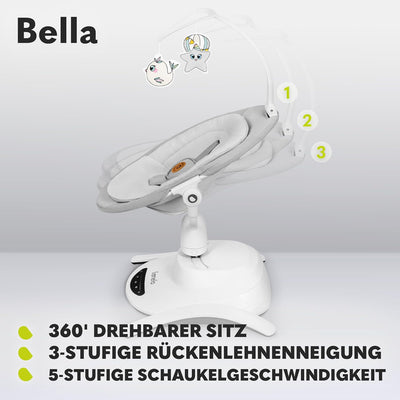 LIONELO Bella Elektrische Babywippe 360o für Babys bis 9 kg, verstellbare Rückenlehne, 5 Schaukelges