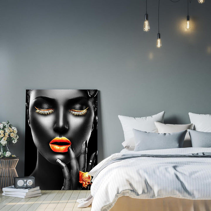 wandmotiv24 Sinnliches Leinwandbild, Grösse 60x45cm, Hochformat, Gesicht Einer Frau, Fotografie, Gol