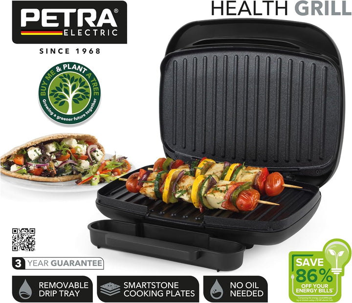Petra PT4366MBLKVDE Antihaft Gesundheitsgrill - Panini Press mit abnehmbarer Tropfschale, Smartstone