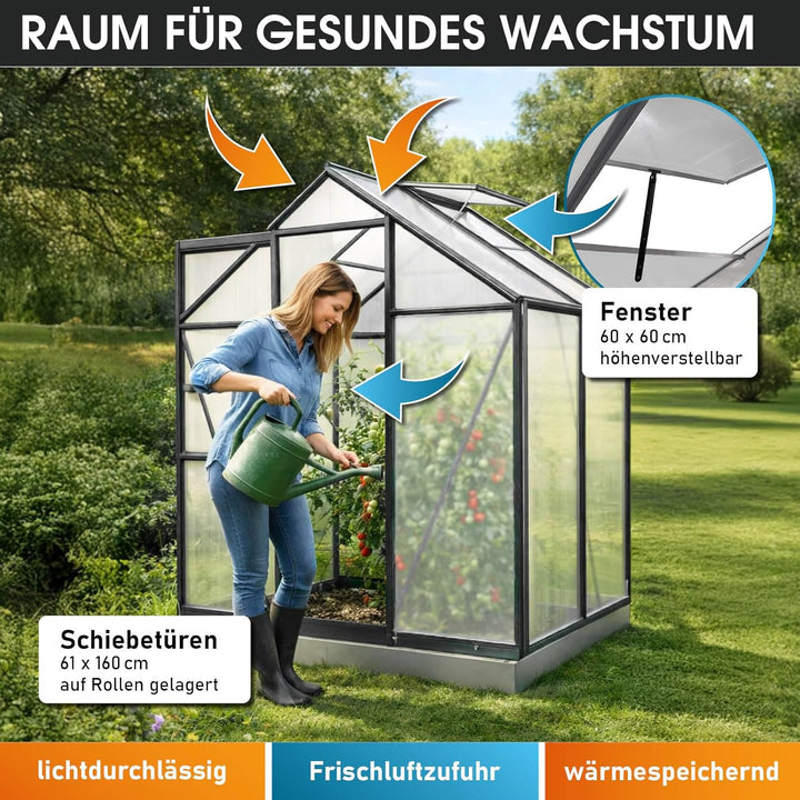 BRAST® Gewächshaus Aluminium mit Fundament rostfrei 40 Modelle 130x190x195cm - 490x250x235cm 6mm Pla