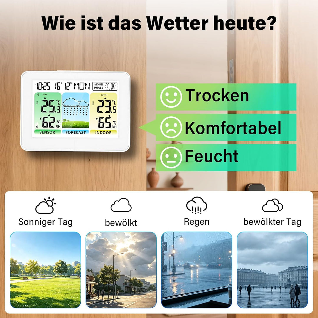Wetterstation Funk mit Aussensensor, Wetterstationen Innen und Aussentemperatur Funk mit Wettervorhe