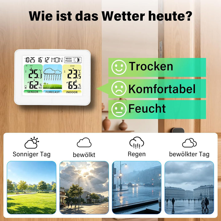 Wetterstation Funk mit Aussensensor, Wetterstationen Innen und Aussentemperatur Funk mit Wettervorhe