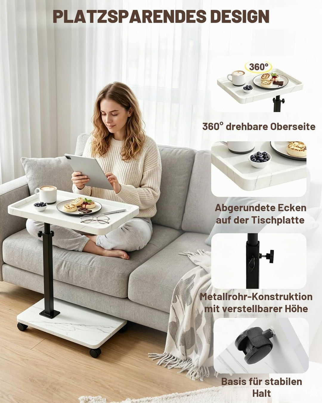 Beistelltisch Höhenverstellbar, Beistelltisch mit Rollen C Form Holz, 360° Rotierend Sofa Tisch, für