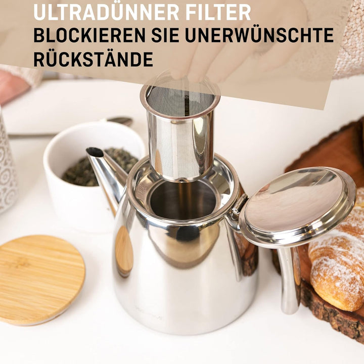 Teekanne aus rostfreiem Edelstahl (0,5L) - Mit Tee-Ei für losen Tee Siebeinsatz - Die doppelwandige