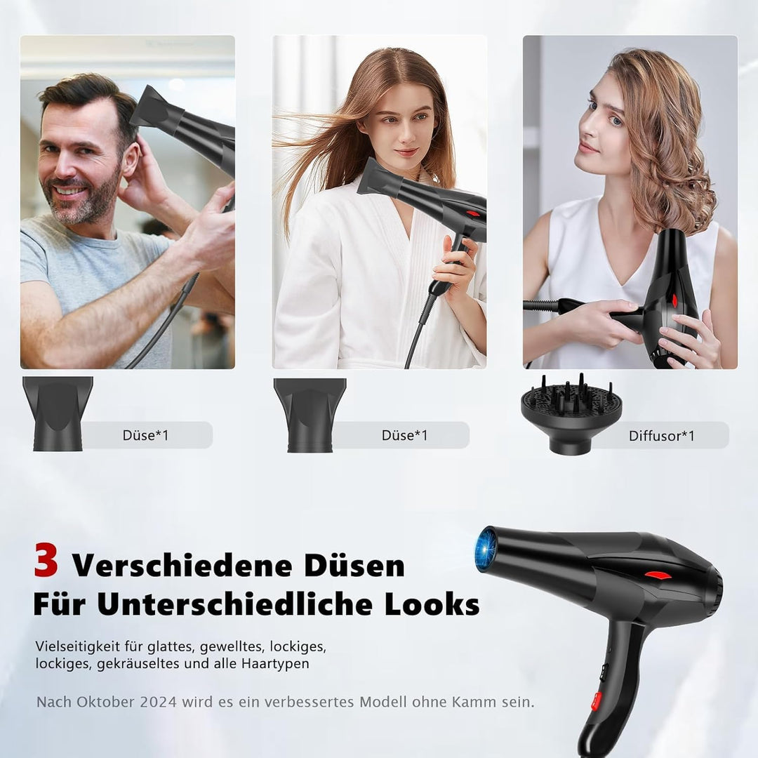 Jooayou Ionen Haartrockner, 3000 W Haarföhn für Damen, Föhn mit Diffusor, Profi-Fön, 3 Hitze-und 2 G