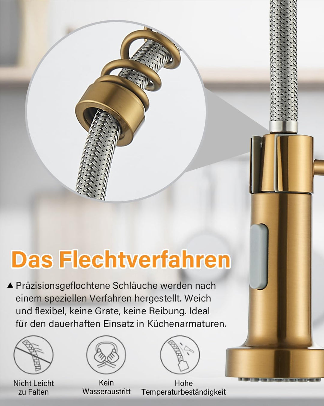 Hbronzeshower Wasserhahn Küche mit Brause ausziehbar, 360° Schwenkbar Küchenarmatur, Gold Einhebel S