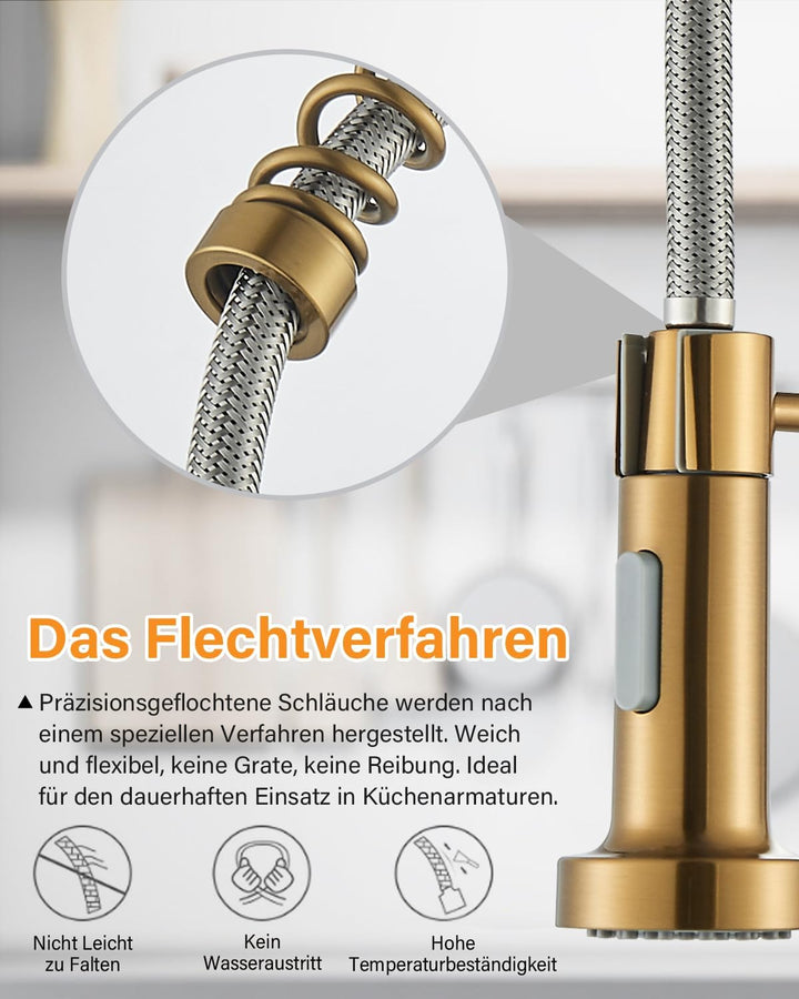 Hbronzeshower Wasserhahn Küche mit Brause ausziehbar, 360° Schwenkbar Küchenarmatur, Gold Einhebel S