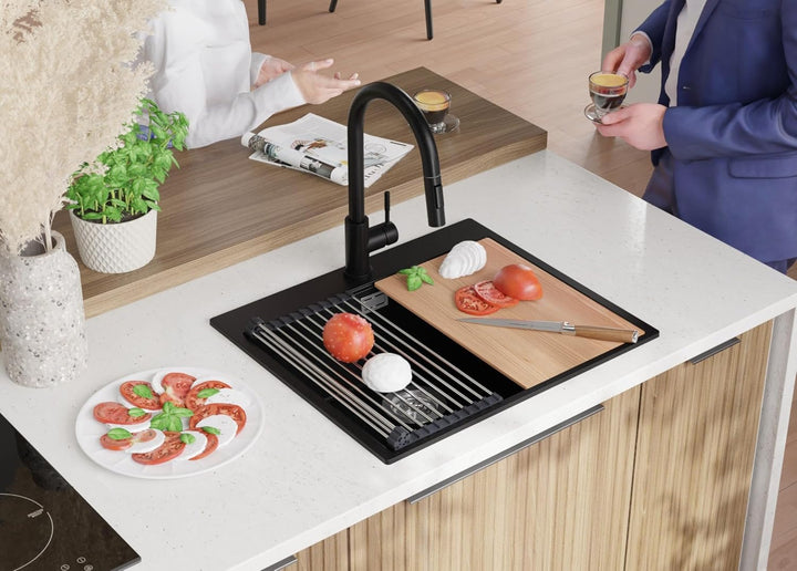 PRIMAGRAN Spülbecken Schwarz 58x50cm, Granitspüle 1 Becken + Ablauf-Set, Küchenspüle ab 60er Untersc