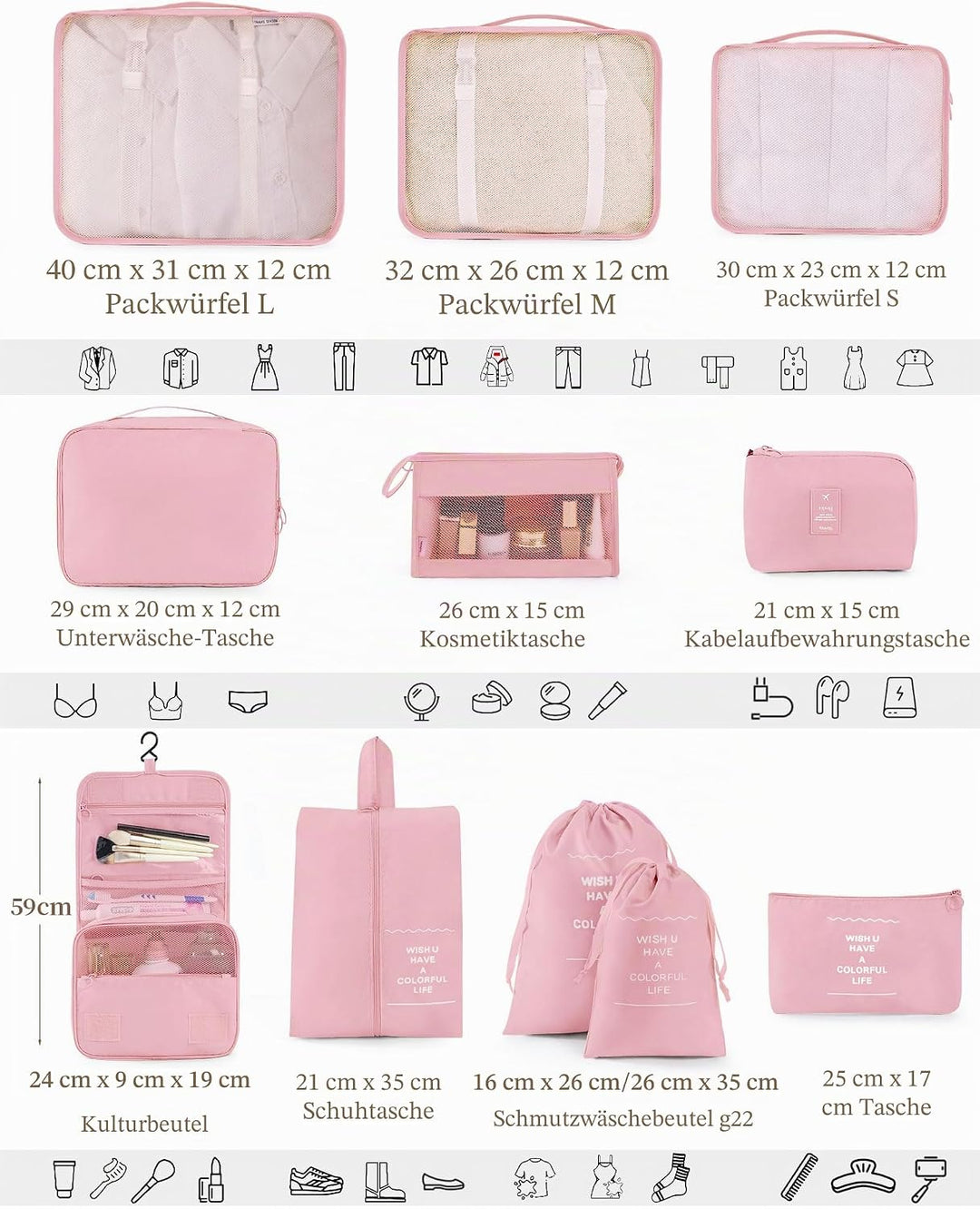 koffer Organizer 11-teilig, Packing Cubes, leichte Reisegepäck-Organizer, platzsparend, wasserdicht,