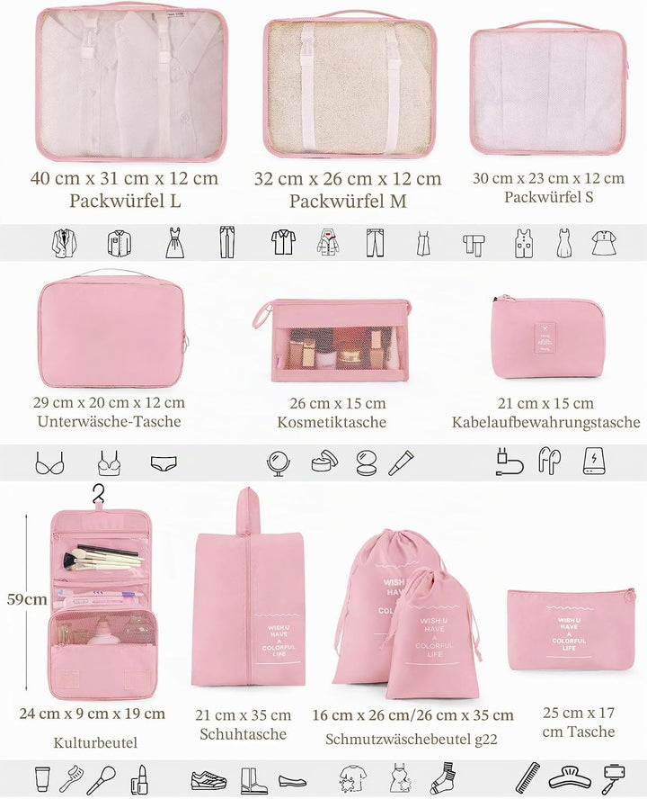 koffer Organizer 11-teilig, Packing Cubes, leichte Reisegepäck-Organizer, platzsparend, wasserdicht,