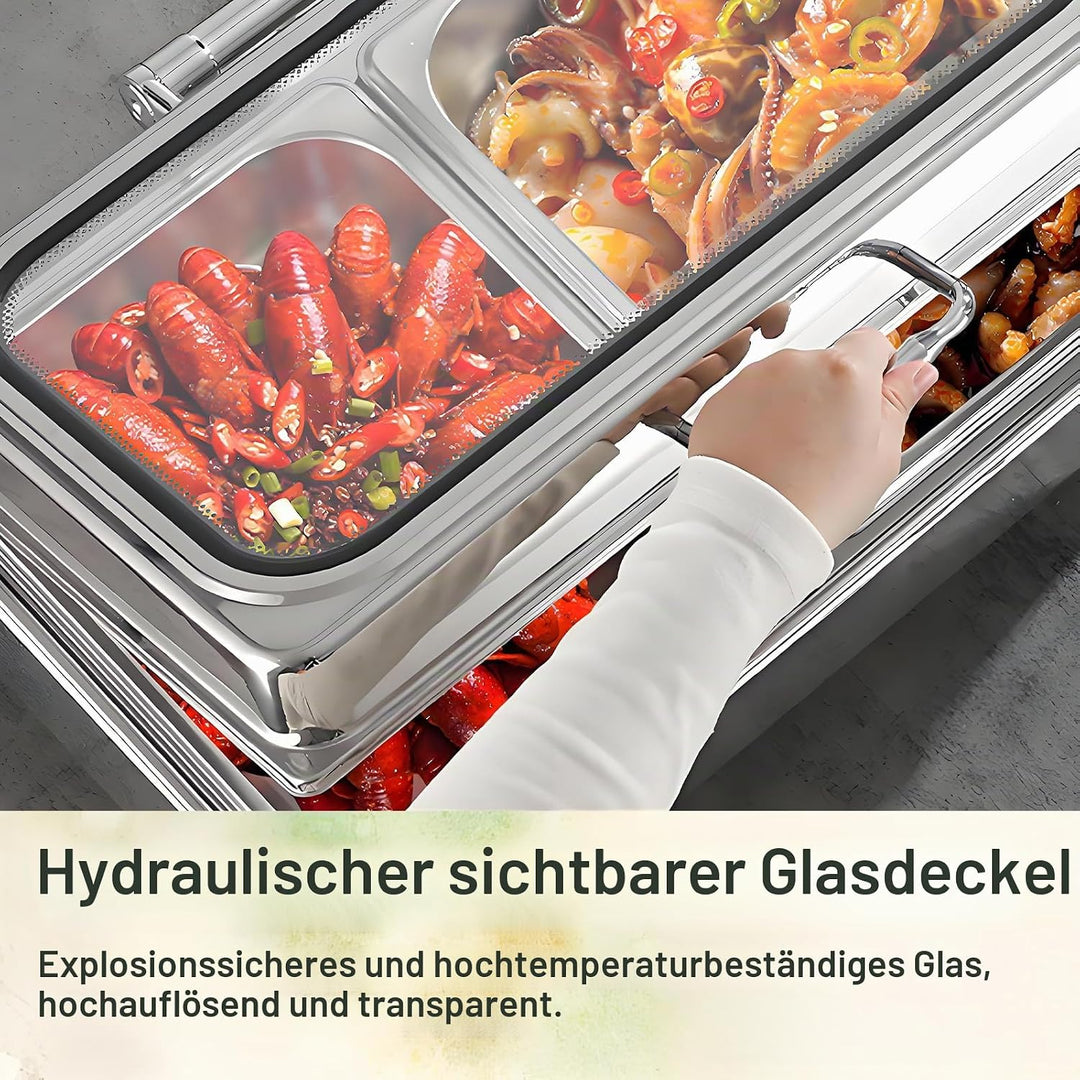 Elektrischer Chafing Dish Glasdeckel, 9L Edelstahl(1/3 Pan) | Speisewärmer Buffetwärmer Elektrisch E