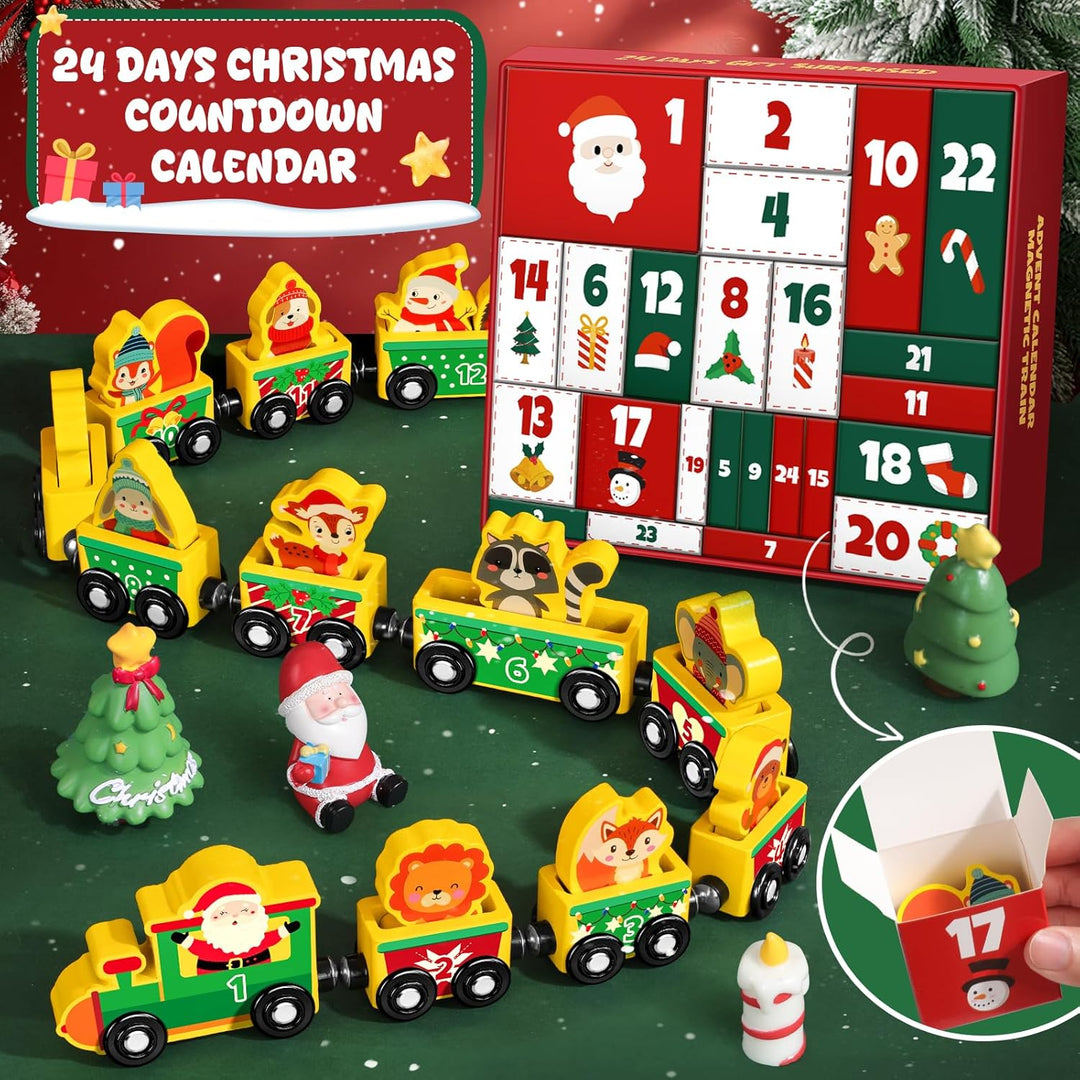 Adventskalender 2025 Kinder, Weihnachtskalender Kleinkind Baby Magnetischer Holzzug, 24 Tage Advents