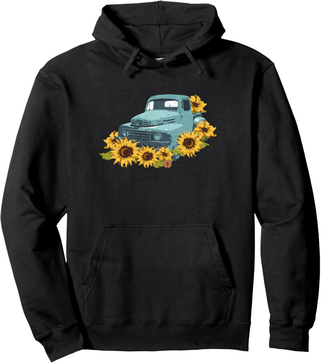 Sonnenblumen-LKW-Fahrer Vintage-Fahrzeug-Blumenblumen Pullover Hoodie