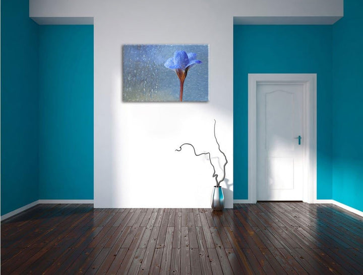 Pixxprint Blaue Frühlingsblume mit Tautropfen Kunst Buntstift Effekt, Format: 100x70 auf Leinwand, X