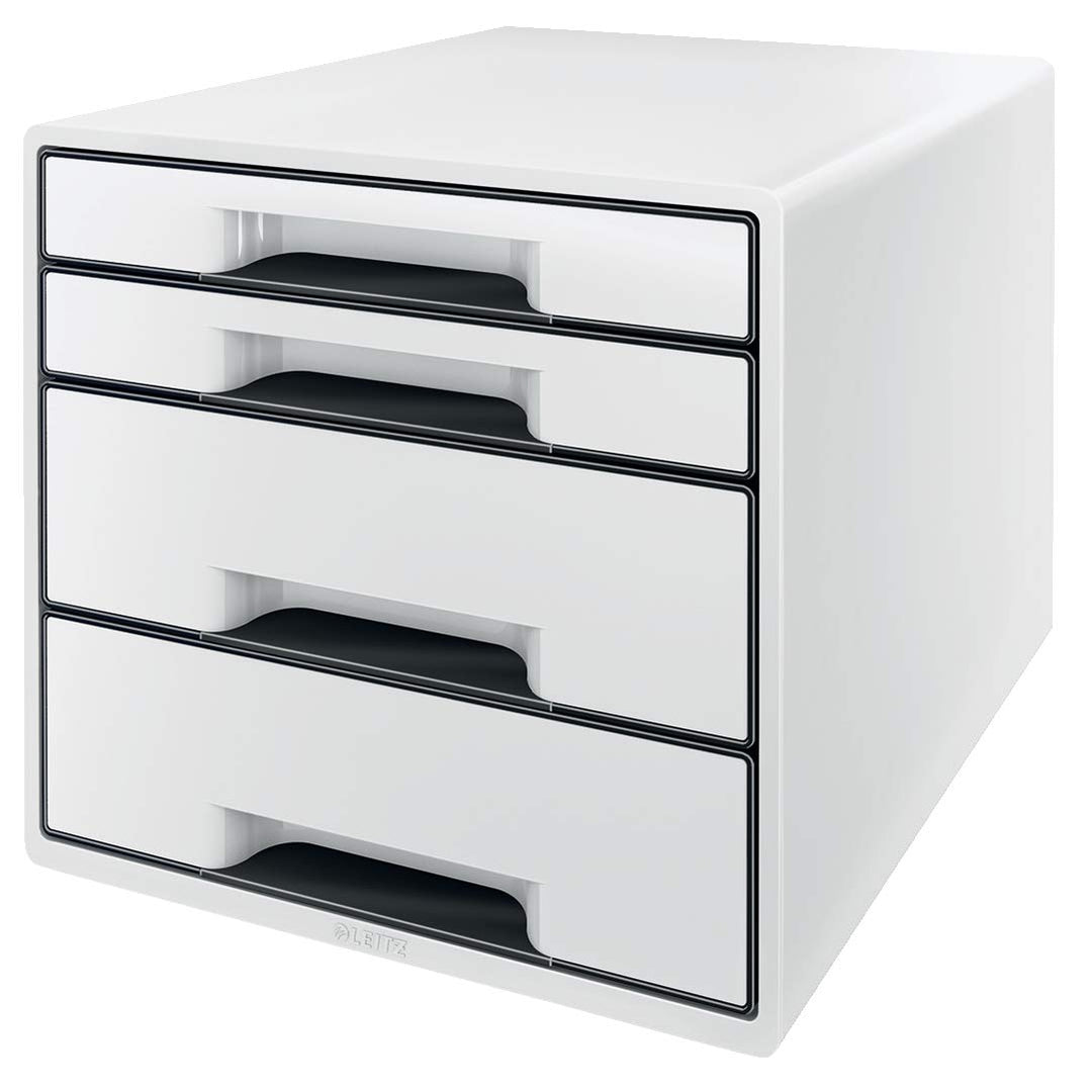 Leitz CUBE Schubladenbox mit 4 Fächern, A4, Inkl. transparentem Schubladeneinsatz, Weiss /Schwarz, W
