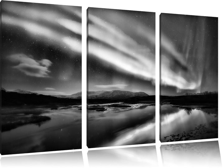 Pixxprint Monocrome, Polarlichter in Skandinavien 3-Teiler Leinwandbild 120x80 Bild auf Leinwand
