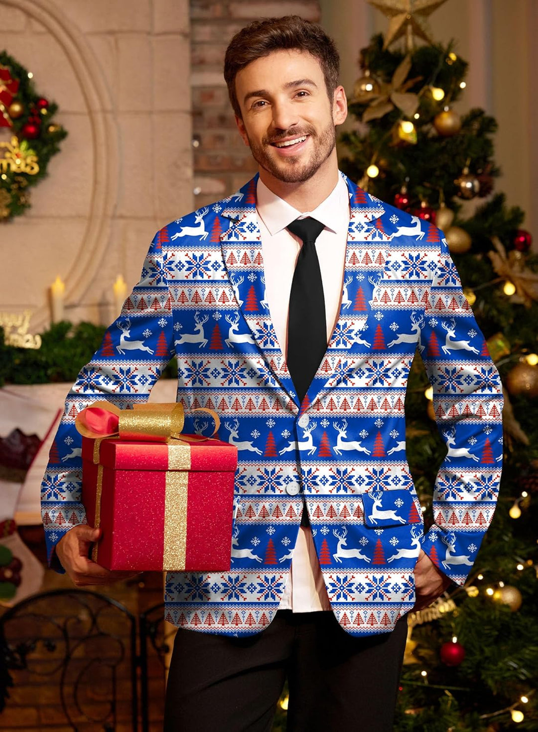 BesserBay Herren Weihnachtsblazer Bedruckte Langarm Anzugjacke Xmas Kostüm Blazer Slim Fit Blazer Fr
