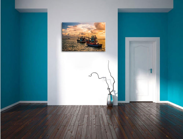 Pixxprint thailändische Fischerboote im Meer als Leinwandbild/Grösse: 100x70 cm/Wandbild/Kunstdruck/